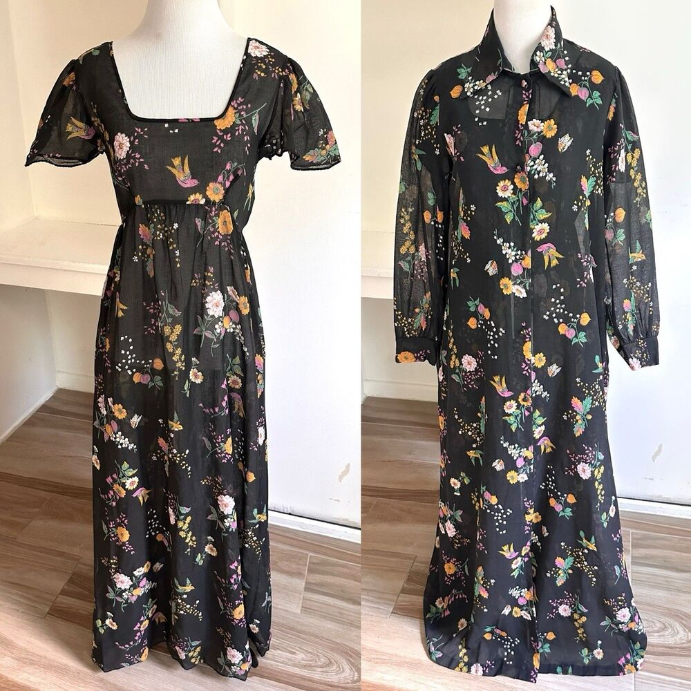 Vintage Miss Dior Nightgown And Robe Set Black Colorful Floral  60s 70s Retro